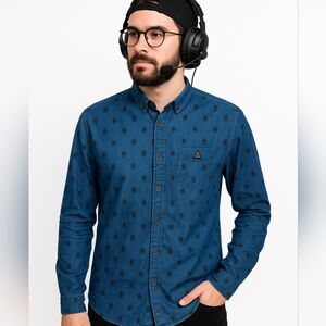 UBI Workshop Men’s Denim Button-Down Shirt – Skull Print – Size Medium